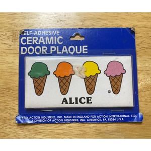Vintage Retro Dead Stock ALICE With Ice Cream Ceramic Name Plaque Wall Sign New